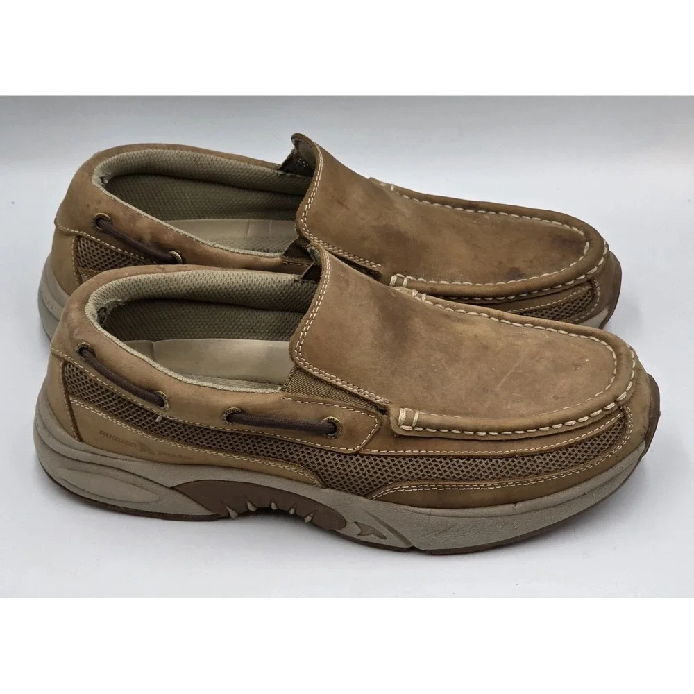 Rugged Shark Boat Shoes Men's 9.5M Atlantic Cognac Tan Leather Lace Up Comfort‎